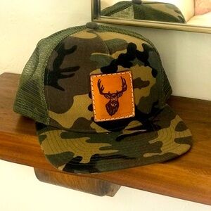 Mens camo hunting ball cap! Deer leather patch! Adjustable! Fathers Day gift!